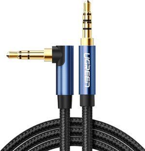 Кабель UGREEN AV112 Angled Cable 3.5mm Male To 3.5mm Male Cable Gold Plated Metal Case With Braid 1m (60179) Blue 314298 фото
