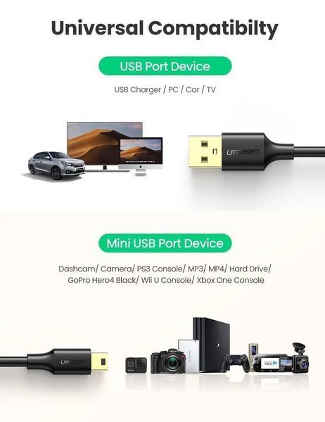 Кабель UGREEN US132 USB-А 2.0 Male To Mini USB 5pin Male Cable 2m (30472) Black 355936 фото