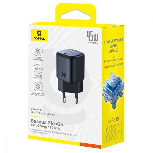 Зарядний Пристрій Baseus PicoGo GaN Fast Charger Type-C 45W (P10176800123-00) Black 347062 фото