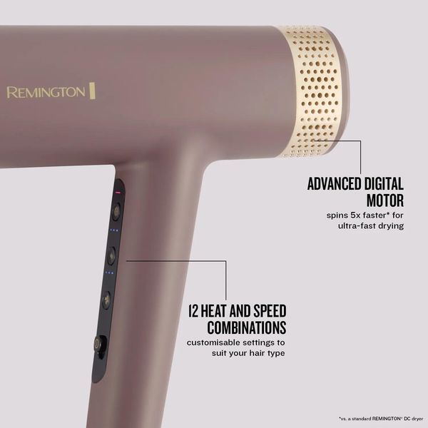 Фен Remington AIRvive, 1600Вт, 3 режими, дифузор, іоніз-я, хол. обдув, фіолетово-золотий 397297 фото