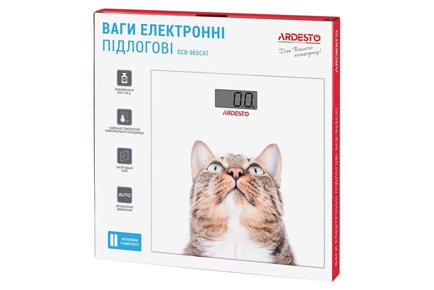 Ваги Ardesto підлогові Cat, 150кг, AAAx2 в комплекті, скло, багатокольорові (SCB-965CAT) 371527 фото