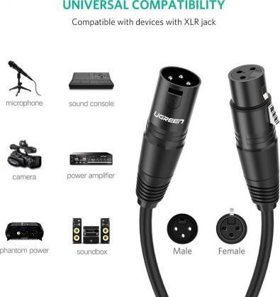 Кабель UGREEN AV130 XLR Male To Female Cable 3m (20711) Black 283265 фото