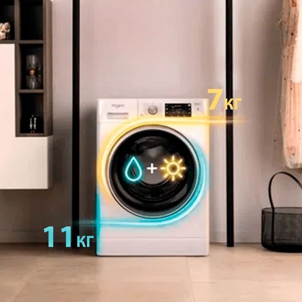 Прально-сушильна машина Whirlpool фронтальна, 11(7)кг, 1600, A, 60см, дисплей, пара, інвертор, білий (FFWDB1176258BCVUA) 375197 фото