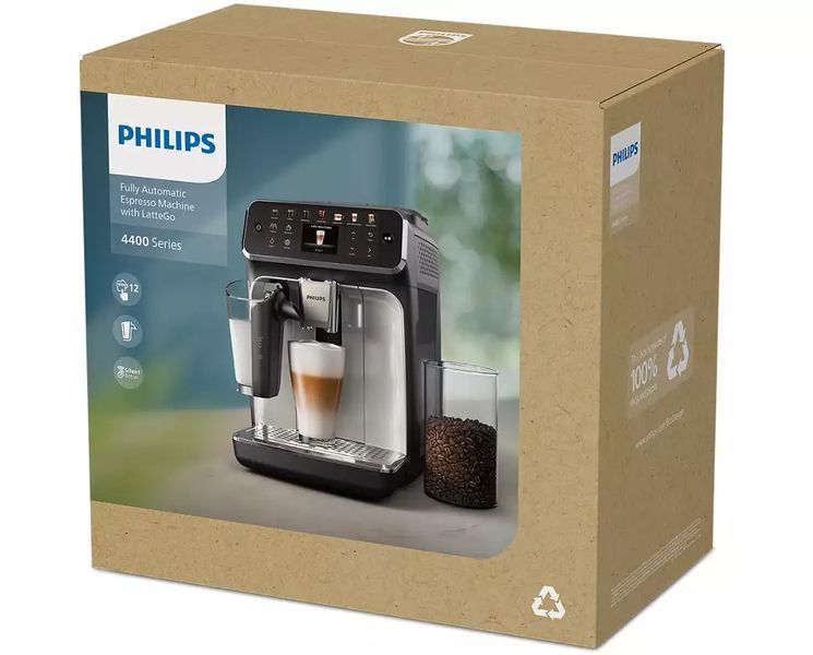 Кавомашина Philips Series 4400 LatteGo, 1.8л, зерно+мелена, автомат.капуч, дисплей, авторецептів -12, чорний (EP4449/70) 371885 фото