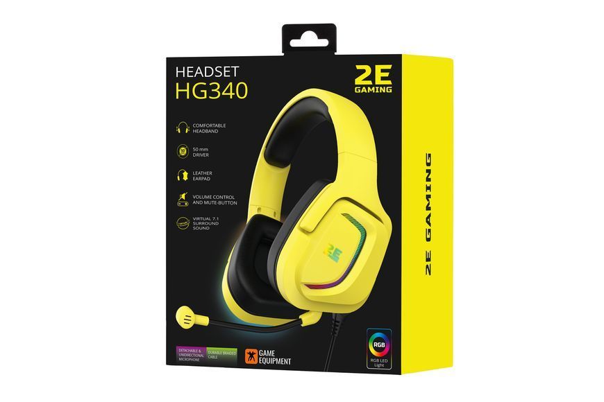 Гарнітура ігрова 2E GAMING HG340, 7.1, USB-A, RGB, 2м, жовтий (2E-HG340YW-7.1) 363766 фото