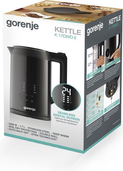 Електрочайник Gorenje 1.7л, подвійні стінки, LED дисплей, Strix контроль, чорний (K17DWDII) 371247 фото