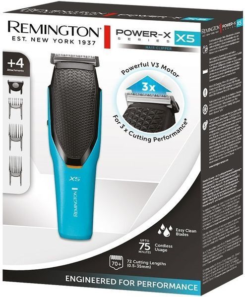 Машинка для стрижки Remington Power X Series X5, мережа+акум., роторний мотор, насадок-4, сталь, чорно-бірюзовий (HC5000) 370913 фото
