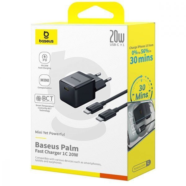 Зарядний Пристрій Baseus 20W Palm Fast Charger Type-C (With Cable Type-C to Type-C 60W 1m) (P10111602113-01) Black 347131 фото