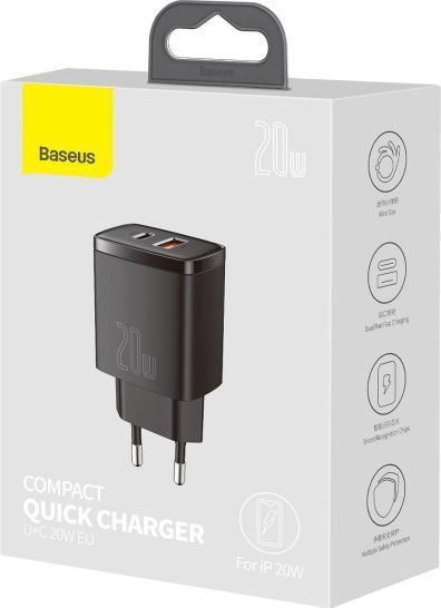 Зарядний Пристрій Baseus 1USB + Type-C Compact Quick Charger 20W (CCXJ-B01) Black 214779 фото