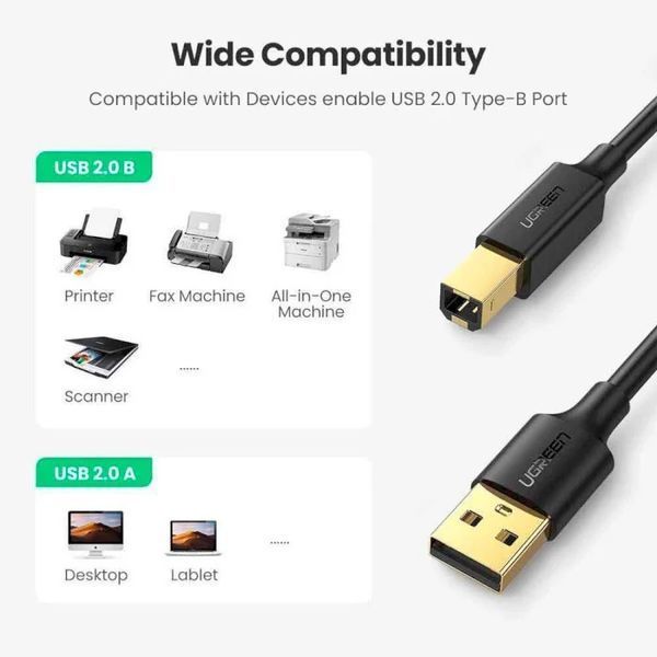 Кабель UGREEN US135 USB 2.0 AM To BM Print Cable 5m (10352) Black 317290 фото
