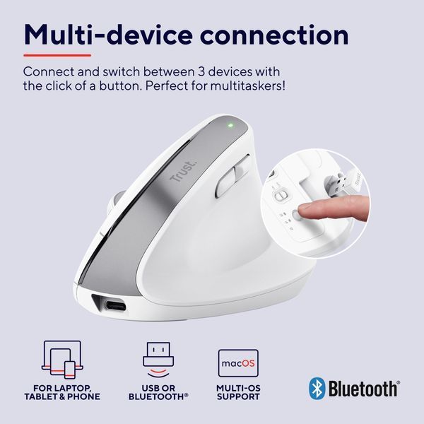 Миша Trust Bayo+ Multidevice Ergonomic, BT/WL/USB-A, біла 392732 фото