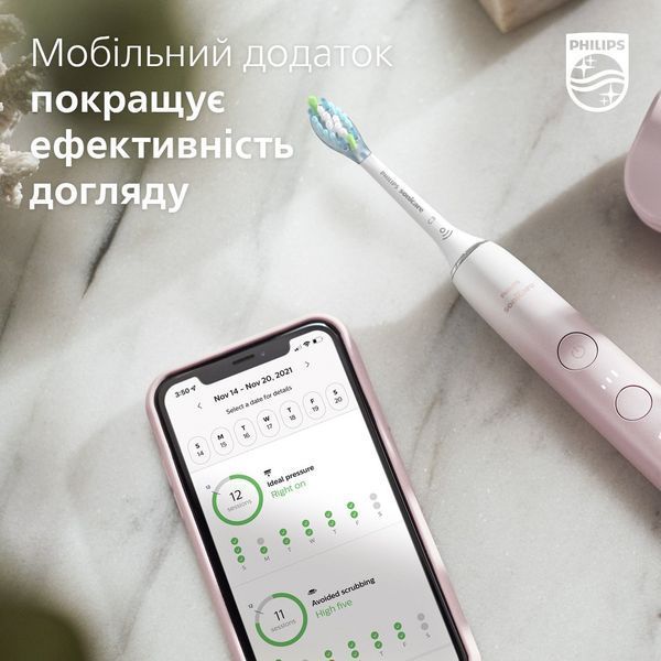 Щітка зубна електр. Philips, Sonicare DiamondClean Prestige 9900, 62т. колив/хв, насадок-1, SenseIQ, зарядний чохол, рожевий (HX9911/84) 369792 фото