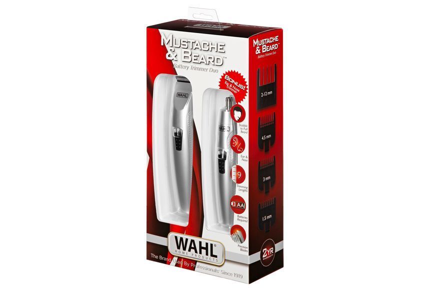 Тример WAHL Mustache & Beard, для бороди і вусів, ААx3, роторний мотор, насадок-4, тример для носа, підставка, сталь, сірий (05606-308) 361770 фото