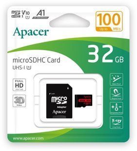 Карта пам'яті Apacer microSDHC UHS-I 32GB R100 V10 A1 + SD adapter (AP32GMCSH10UB-R) 318908 фото