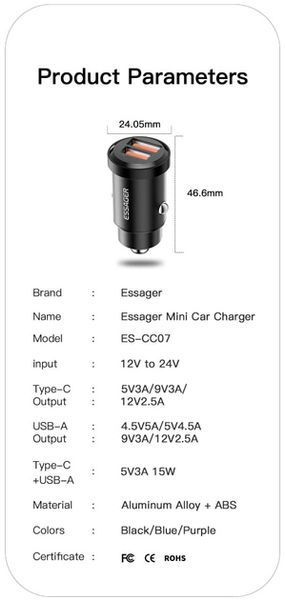 Автомобільний Зарядний пристрій ESSAGER Gyroscope Mini Charger USB-A + USB-A 30W (ECC2A-TL03) Blue 323685 фото