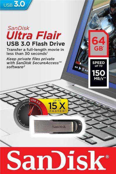 Накопичувач SanDisk 64GB USB 3.0 Type-A Flair R150MB/s Срібний (SDCZ73-064G-G46) 373993 фото