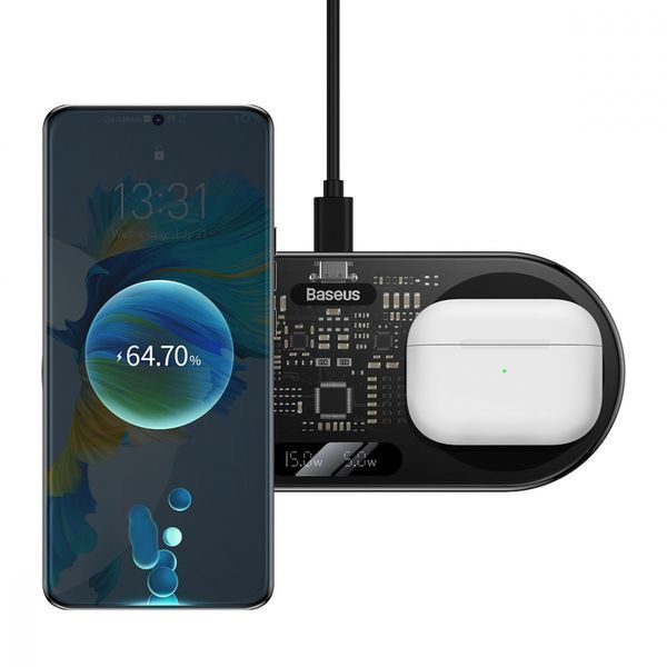 Бездротовий зарядний пристрій Baseus Digital LED Display 2in1 20W (WXSX010101) Black 271565 фото