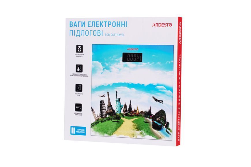 Ваги Ardesto підлогові Travel, 150кг, AAAx2 в комплекті, скло, багатокольорові (SCB-965TRAVEL) 369005 фото
