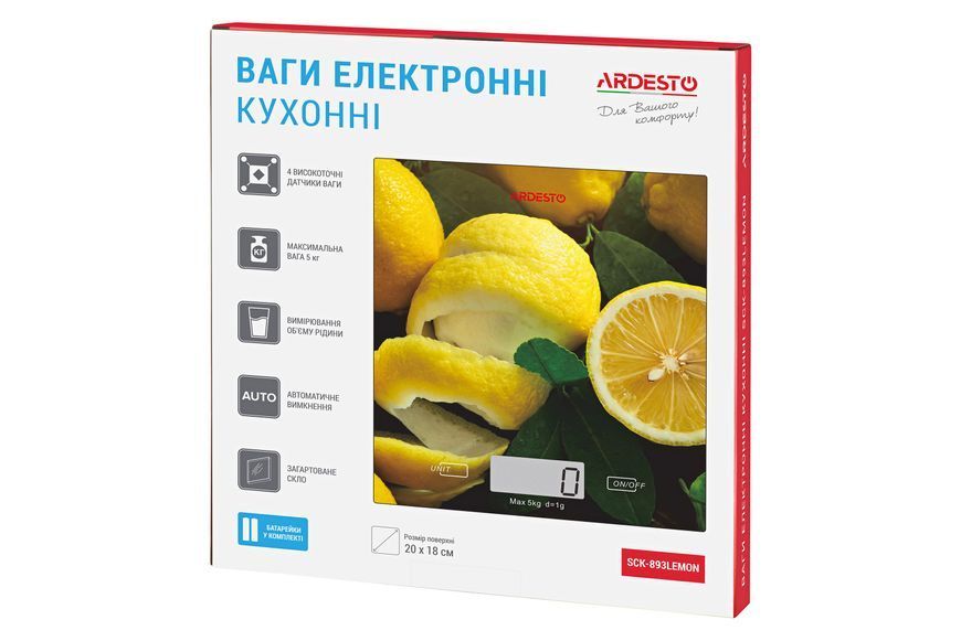 Ваги Ardesto кухонні Lemon, 5кг, AAAx2 в комплекті, скло, багатокольоровий (SCK-893LEMON) 368833 фото