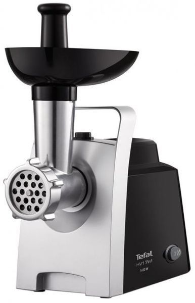 М'ясорубка Tefal HV1 7in1, 1400Вт, 1.7кг/хв, 3 решітки, насадка для ковбас, 3 терки, пластик, чорно-сріб. (NE108831) 369974 фото
