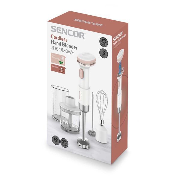 Блендер Sencor заглибний Pulse, 180Вт, 4в1, чаша-700мл, безпровідний, USB-C, капучинатор, біло-рожевий (SHB9130WH) 383095 фото