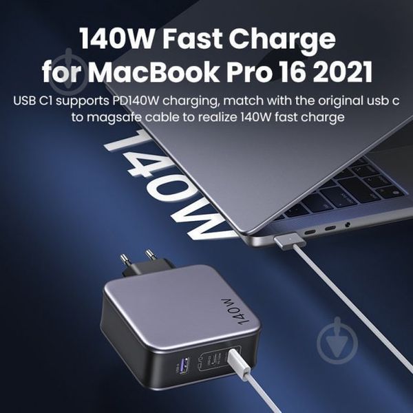 Мережевий Зарядний пристрій UGREEN CD289 GaN Fast Charger 140W With Cable (90549) 280605 фото
