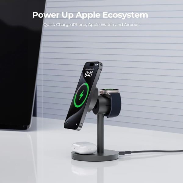 Бездротовий зарядний пристрій Aukey MagFusion 3-in-1 15W Qi2 (LC-MC311) сірий 295086 фото