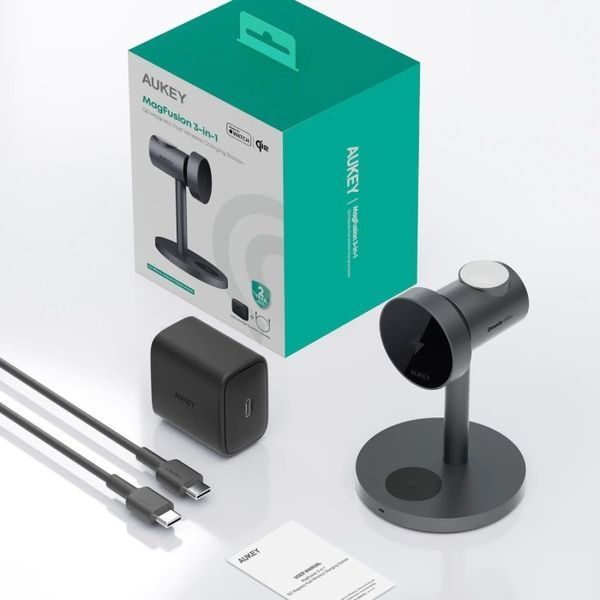 Бездротовий зарядний пристрій Aukey MagFusion 3-in-1 15W Qi2 (LC-MC311) сірий 295086 фото