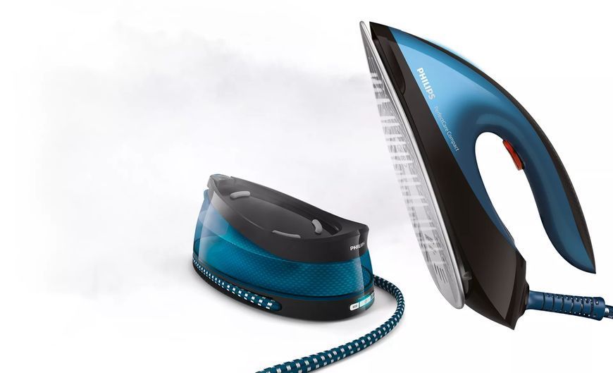 Праска-парогенератор Philips PerfectCare Compact, 2400Вт, 1500мл, паровий удар -420гр, постійна пара - 120гр, керам. підошва, синій (GC7846/80) 375623 фото
