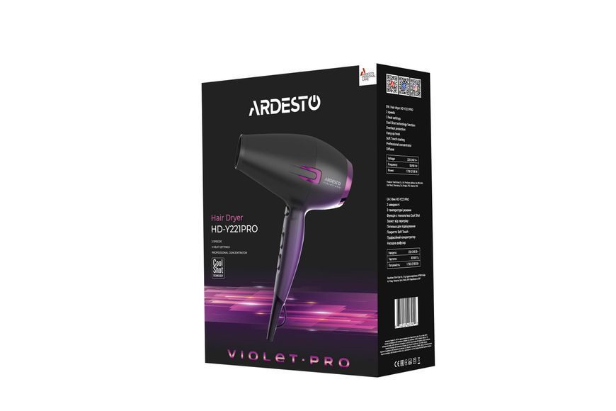 Фен Ardesto Violet PRO HD-Y221PRO ,1750-2100Вт, 2 швидкості, 3темп.режими,дифузор, чорний 369810 фото