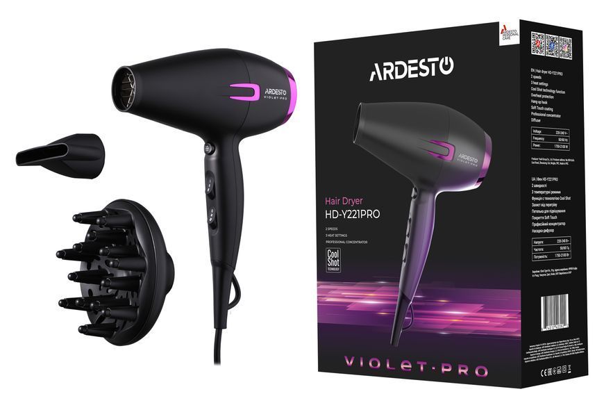 Фен Ardesto Violet PRO HD-Y221PRO ,1750-2100Вт, 2 швидкості, 3темп.режими,дифузор, чорний 369810 фото
