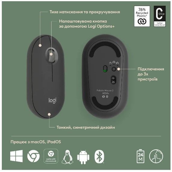 Миша LOGITECH Pebble Mouse 2 M350s - TONAL GRAPHITE 313992 фото