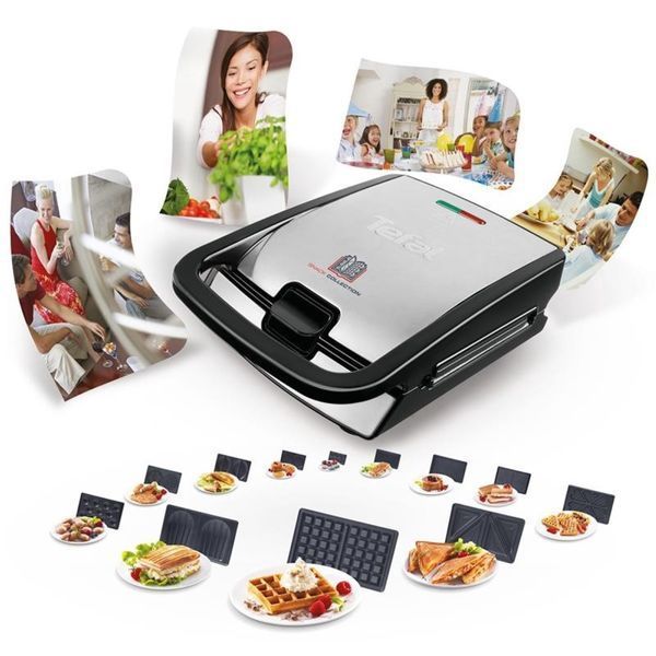 Мультимейкер Tefal Snack collection 700Вт, тефлон, 3 пластини, корпус-нержав.сталь/пластик, чорний (SW854D16) 371300 фото