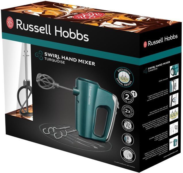 Міксер Russell Hobbs ручний Turquoise, 350Вт, насадки-4, турборежим, бірюзовий (25891-56) 364049 фото