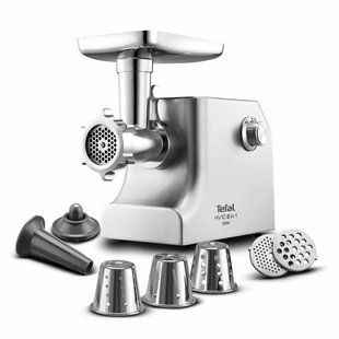 М'ясорубка Tefal HV10 8in1, 2200Вт, 5.5кг/хв, 3 решітки, насадка для ковбас, кеббе, 3 терки, метал (NE858D38) 370723 фото