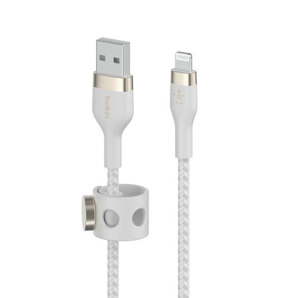 Кабель USB-A > Lightning заряджання/синхронізації Belkin 1м, плетений, силіконовий, з ремінцем на магніті, білий (CAA010BT1MWH) 366623 фото