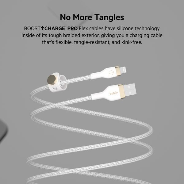 Кабель USB-A > Lightning заряджання/синхронізації Belkin 1м, плетений, силіконовий, з ремінцем на магніті, білий (CAA010BT1MWH) 366623 фото
