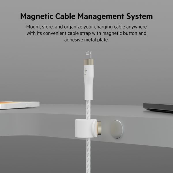 Кабель USB-A > Lightning заряджання/синхронізації Belkin 1м, плетений, силіконовий, з ремінцем на магніті, білий (CAA010BT1MWH) 366623 фото