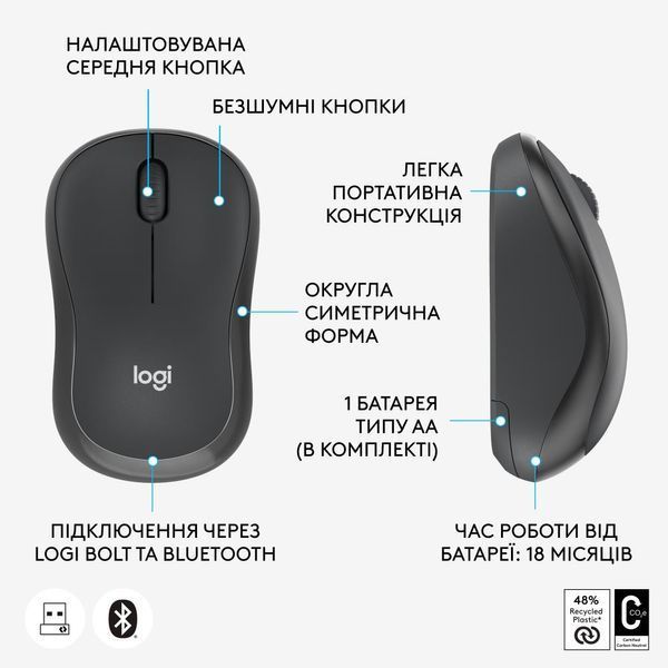 Маніпулятор миша бездротова LOGITECH M240 for Business - GRAPHITE - 2.4GHZ/BT (910-007182) 349592 фото
