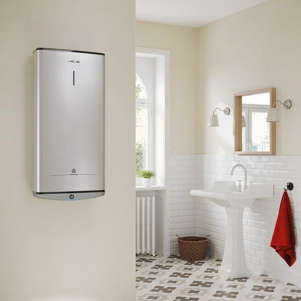 Водонагрівач електр. Ariston плаский слім VELIS TECH 50 EU, 50л, 2*1,5кВт, ун. монтаж, електр. кер-ння, B, Італія, Сірий 364853 фото