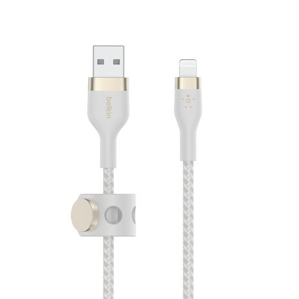 Кабель USB-A > Lightning заряджання/синхронізації Belkin 1м, плетений, силіконовий, з ремінцем на магніті, білий (CAA010BT1MWH) 366623 фото