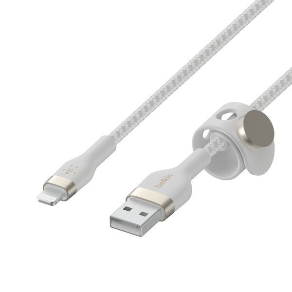 Кабель USB-A > Lightning заряджання/синхронізації Belkin 1м, плетений, силіконовий, з ремінцем на магніті, білий (CAA010BT1MWH) 366623 фото