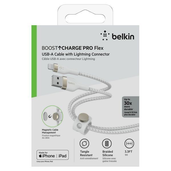 Кабель USB-A > Lightning заряджання/синхронізації Belkin 1м, плетений, силіконовий, з ремінцем на магніті, білий (CAA010BT1MWH) 366623 фото