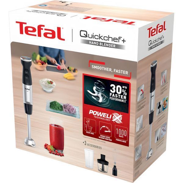 Блендер Tefal заглибний Quickchef+ 1000Вт, 3в1, чаша-800мл, чопер-500мл, турборежим, сріблясто-чорний (HB673830) 370387 фото