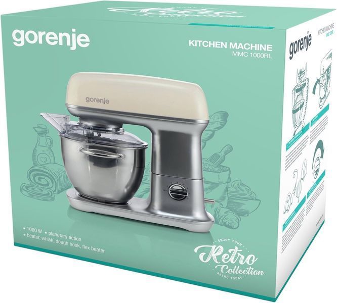 Кухонна машина Gorenje 1000Вт, чаша-метал, корпус-метал, насадок-4, сріблясто-бежевий (MMC1000RL) 381904 фото