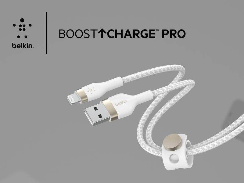 Кабель USB-A > Lightning заряджання/синхронізації Belkin 1м, плетений, силіконовий, з ремінцем на магніті, білий (CAA010BT1MWH) 366623 фото