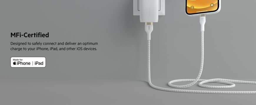 Кабель USB-A > Lightning заряджання/синхронізації Belkin 1м, плетений, силіконовий, з ремінцем на магніті, білий (CAA010BT1MWH) 366623 фото