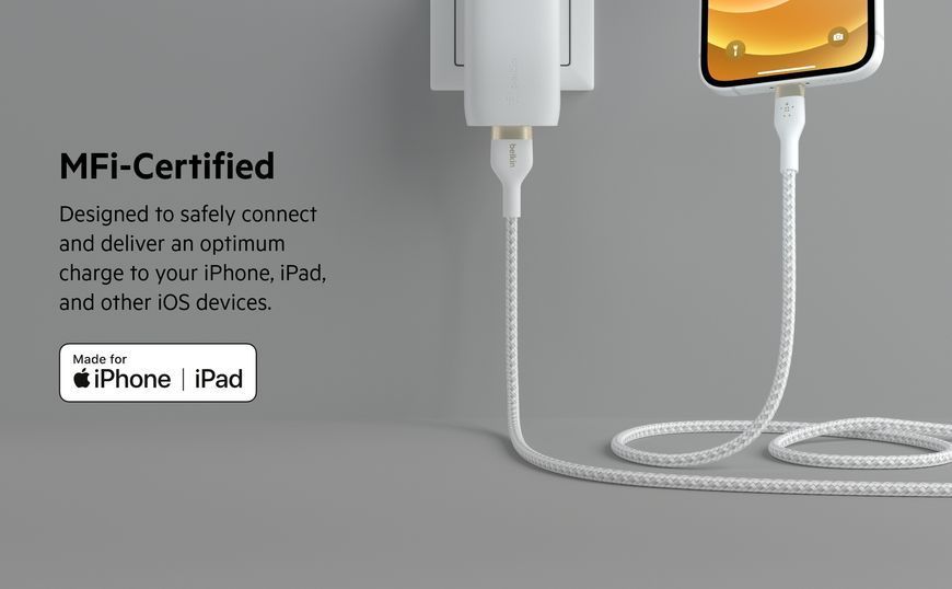 Кабель USB-A > Lightning заряджання/синхронізації Belkin 1м, плетений, силіконовий, з ремінцем на магніті, білий (CAA010BT1MWH) 366623 фото