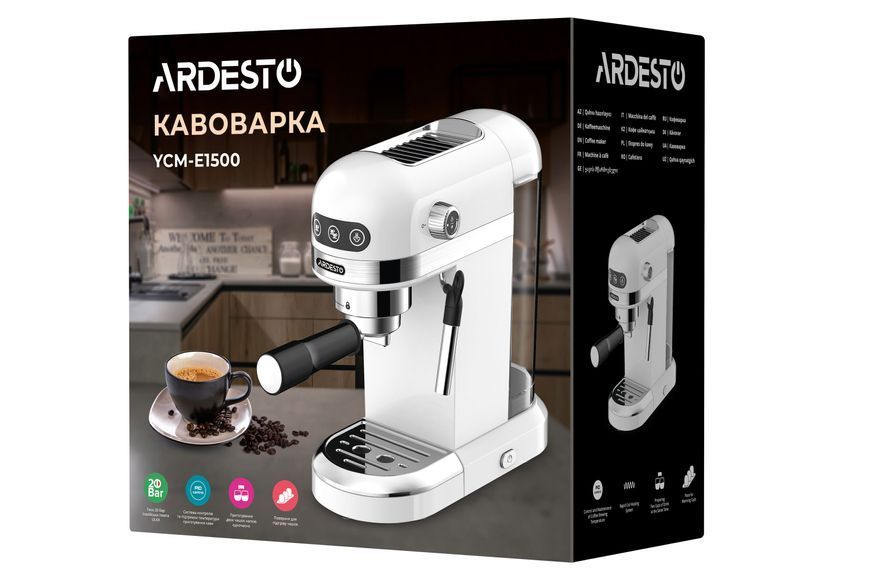 Кавоварка Ardesto ріжкова 1.4л, мелена, ручний капучинатор, підігрів чашок, білий (YCM-E1500) 372643 фото