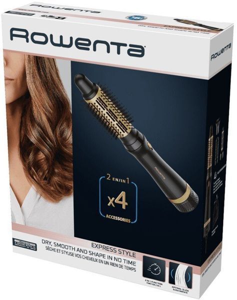 Фен-щітка Rowenta Express Style, 800Вт, 3 режими, іоніз-я, хол. обдув, кераміка, турмалін, чорно-золотий (CF6330F0) 369014 фото
